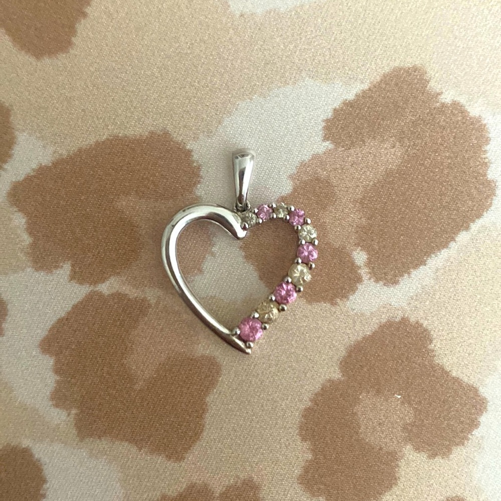 10k White Gold Plated Heart Charm w/ Diamonds & Pink Sapphires